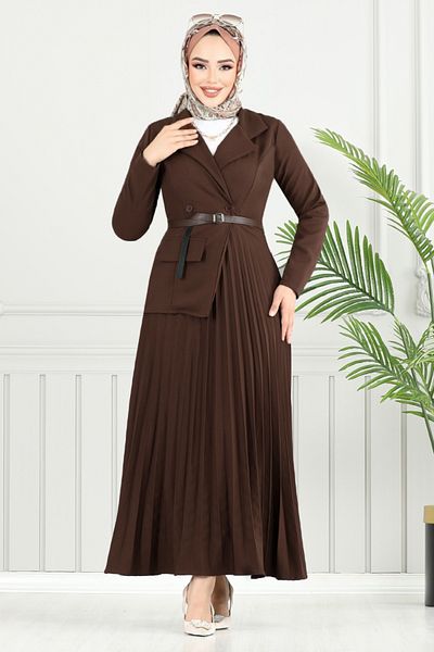 ModaMerve Φόρεμα Hijab με διπλό γιακά 4747ZNK903-M Καφέ