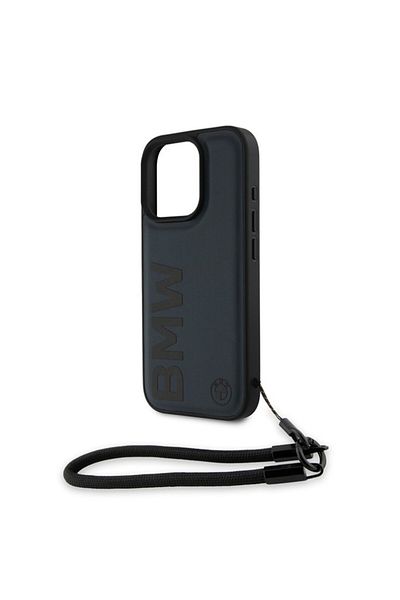 BMW BMW Leather Case with Hand Strap for iPhone 16 Pro Max - Original Design in Navy Blue
