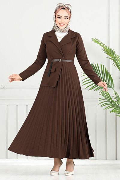 ModaMerve Φόρεμα Hijab με διπλό γιακά 4747ZNK903-M Καφέ