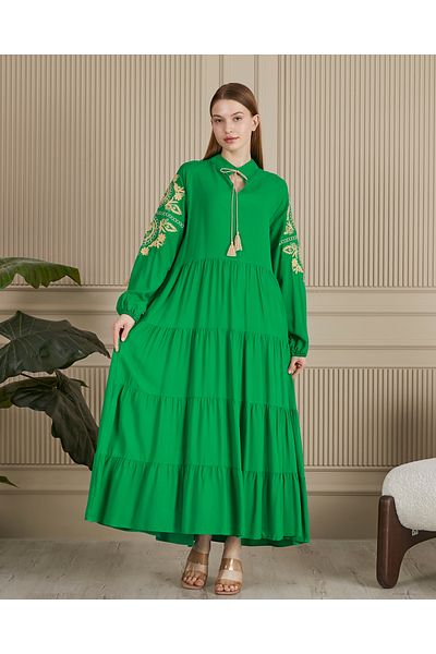 EL jadida Women's Embroidered Katkat Plus Size Viscose Dress Green