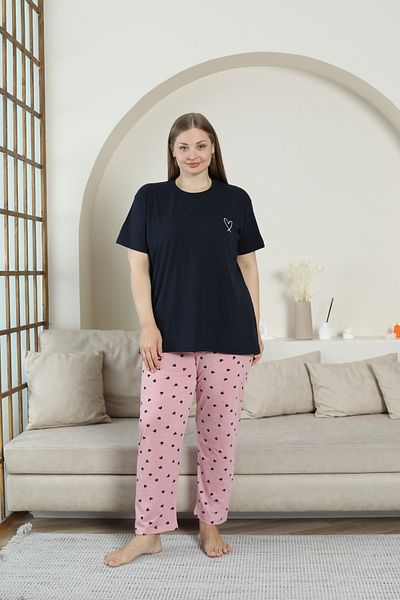 FAMESTEKSTİL Short Sleeve Combed Cotton Seasonal Flat Heart Embroidered Large Size Pajama Set
