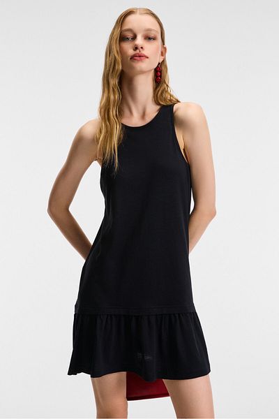GRIMELANGE Lalev Women's Round Neck Sleeveless Hem Ruffled Mini Black Dress