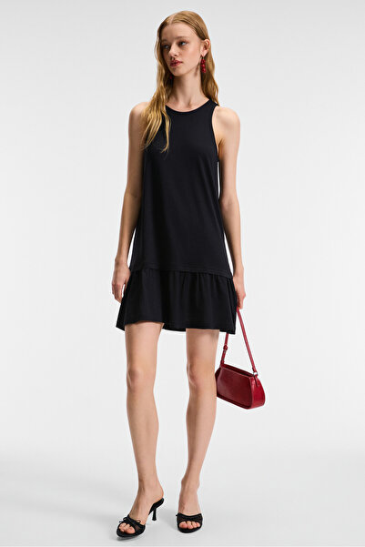 GRIMELANGE LALEV Kadın Yuvarlak Yaka Kolsuz Etekucu Fırfırlı Mini Siyah Elbise