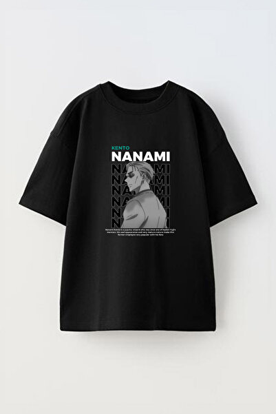 Anetos Tricou NANAMI KENTO Front cu imprimeu Cotton Black supradimensionat