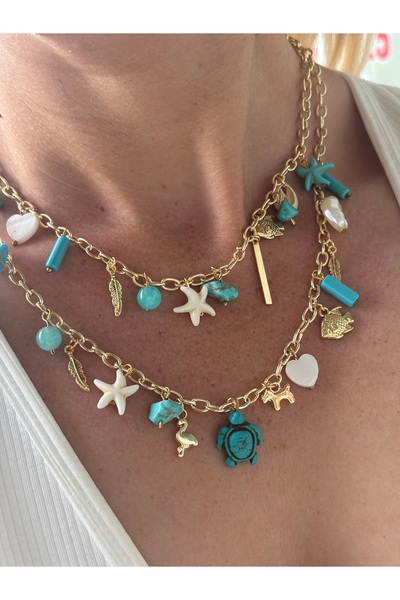 By Song Aksesuar Doğaltaşlı Deniz Yıldızlı Deniz Kabuklu Kolye Charm Kolye