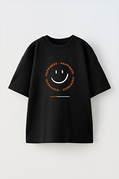 Anetos Tricou Minimalist Smile Front cu imprimeu Cotton Black supradimensionat