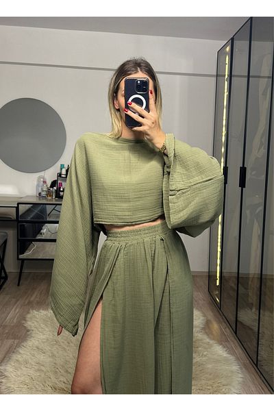NET OF NOT Violet Khaki Muslin Fabric Double Slit Skirt Crop Suit
