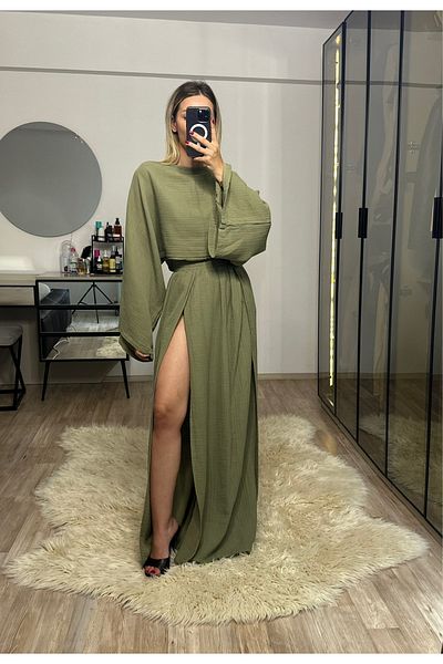 NET OF NOT Violet Khaki Muslin Fabric Double Slit Skirt Crop Suit