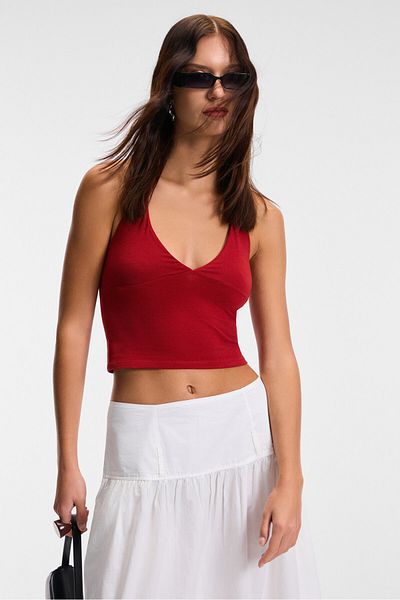 GRIMELANGE Morienne Women's Halter Neckline Thick Strap Backless Crop Red Blouse