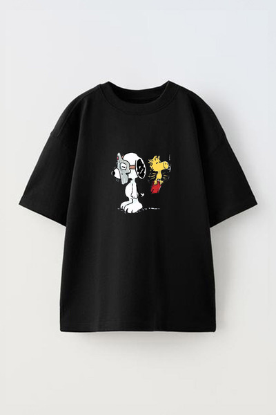 Anetos Mf Doom Snoopy Front Printed Cotton Black Oversize t Shirt