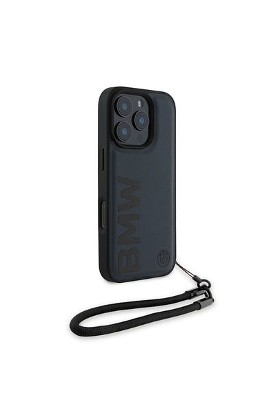 BMW BMW Leather Case with Hand Strap for iPhone 16 Pro Max - Original Design in Navy Blue