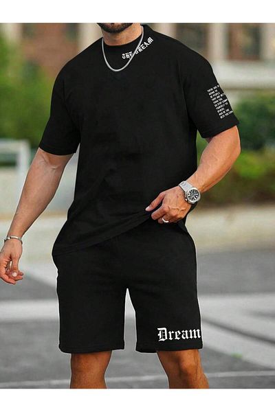 PENTHİLUS Men's Summer Short Sleeve Letter Printed T-Shirt and Shorts Set Plus Size