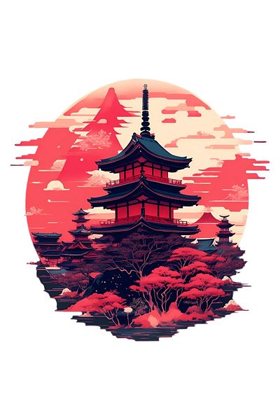 INOVATIX Set de 8 piese, autocolant Pagodă japoneză la apus, INOVATIX®. 6 cm