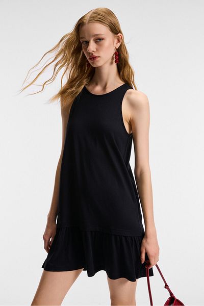 GRIMELANGE Lalev Women's Round Neck Sleeveless Hem Ruffled Mini Black Dress