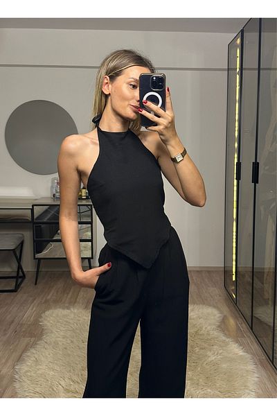 NET OF NOT Emily Black Bamboo Linen Asymmetrical Halter Neckline Blouse Pants Suit