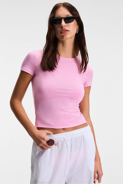 GRIMELANGE Tarelia Women's Crew Neck Short Sleeve Slim Pink T-Shirt