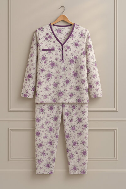 FATELLA Kadın Anne Uzun Kollu Mor Çiçek Desenli Penye Pijama Takımı