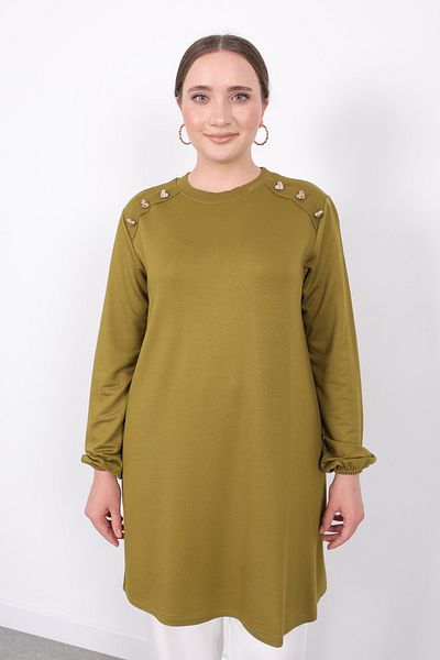 Linvey Kado Casual Gold Heart Buttoned Summer Thin Combed Cotton Fabric Wide Fit Women's Tunic