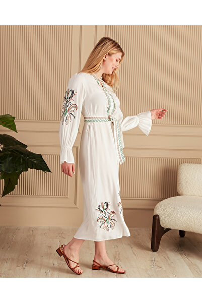 EL jadida Women's Embroidered Belted Plus Size Viscose Dress White
