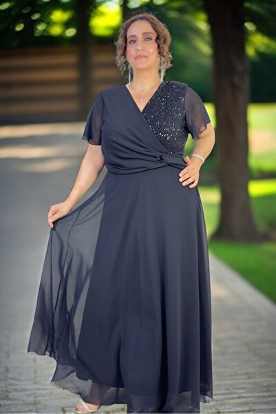 yagmurberen Kruvaze Breast Angel Sleeve Sequence Lined Skirt Plus Size Chifon Evening Dress