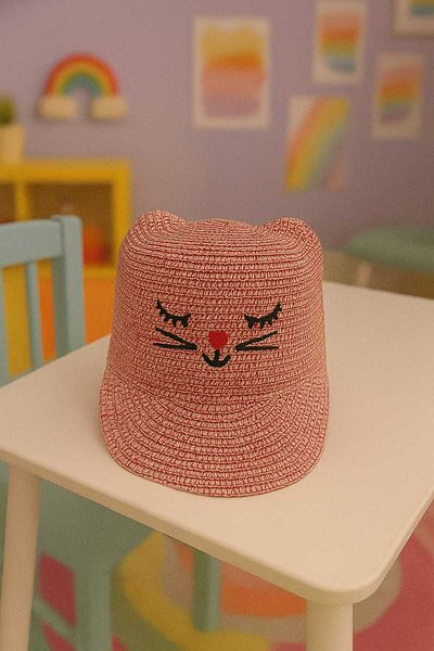 gigigiyim Girl's Straw Hat with Eared Cat Pattern