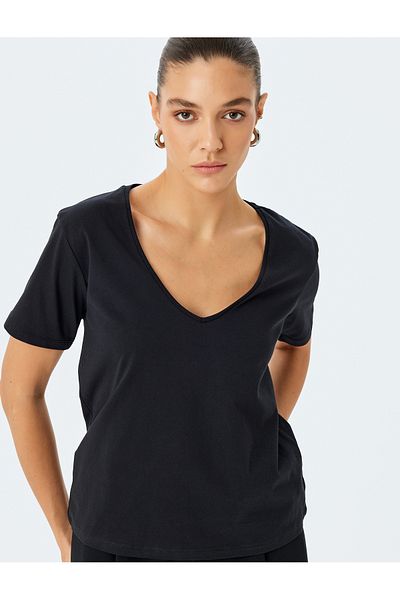 Koton Tricou de bază din bumbac cu mânecă scurtă, cu decolteu în V, sezon nou
