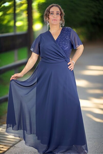 yagmurberen Kruvaze Breast Angel Sleeve Sequence Lined Skirt Plus Size Chifon Evening Dress