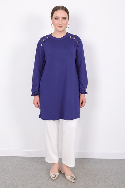 Linvey Crystal Daily Gold Heart Buttoned Summer Thin Combed Cotton Fabric Wide Fit Women's Tunic