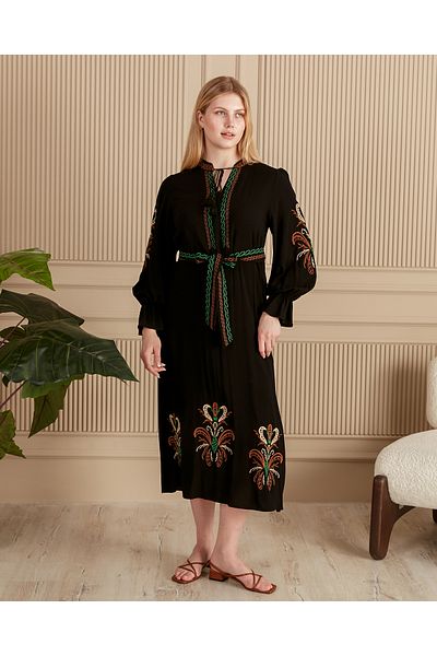 EL jadida Women's Embroidered Belted Plus Size Viscose Dress Black