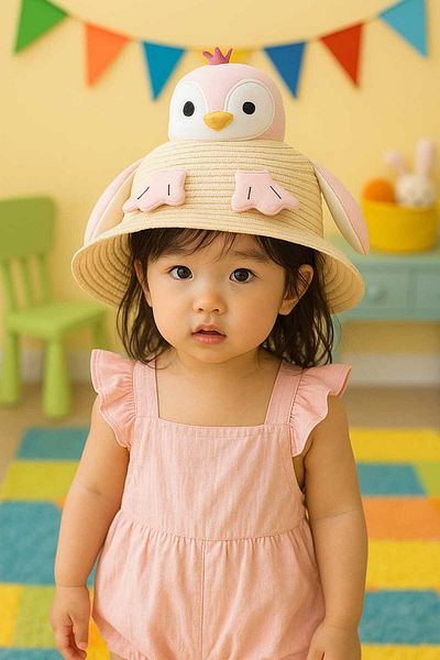 gigigiyim Girl's Straw Hat with Penguin Detail