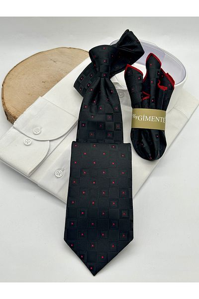 Gutiero Black Patterned Classic Tie with Handkerchief