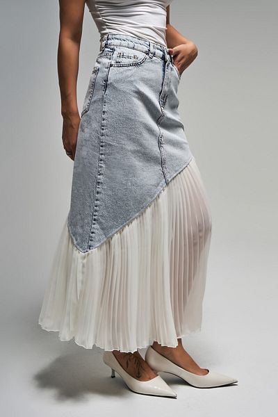 its basic Women's Denim Color 3S5-3 Denim Fabric Piece Pleated Maxi Size 100% Cotton Design Denim Skirt