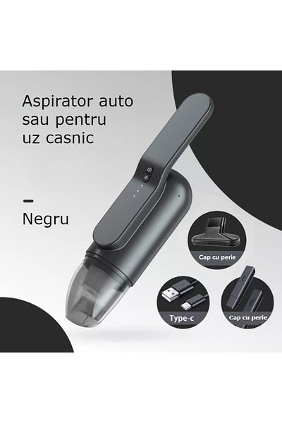 Influential Tech Aspirator auto și de casă 2 în 1, fără fir, putere de aspirare ridicată 13000 Pa, lumină UV, negru, 80W