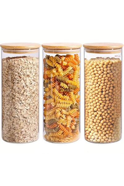 Noah Exclusive 1400 Cc - (Set of 3) Borosilicate Glass Spice Jar - with Bamboo Lid - Storage Container - (9 cm X 22 cm)