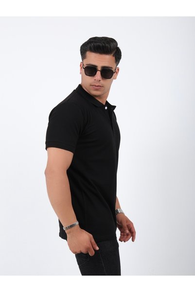 Pientro Black Men's Polo Neck Soft Textured Cotton Pique Fabric Slim Fit Slim Fit
