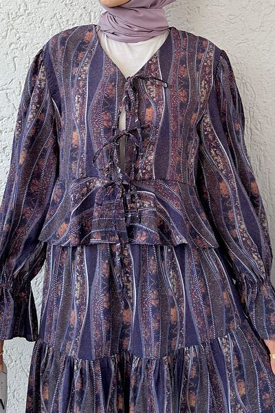 Salih Çelebi Ethnic Pattern Skirt Suit 2326 - Purple