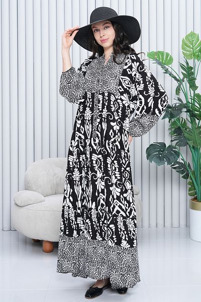 EL jadida Women's Katkat Patterned Plus Size Viscose Hijab Dress Black