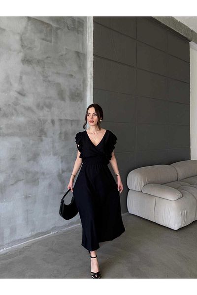Gc.Butiq Women's Waist Gipeli Wrap Fabric V Neck Zero Sleeve Ruffled Long Dress