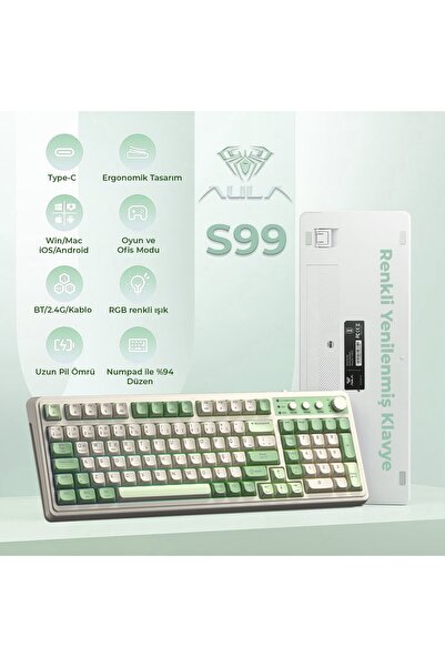 Aula S99 Retro Rgb Gaming 3 Modlu Bluetooth/2.4ghz/usb-c Kablosuz Makrolu Türkçe Q Klavye Yeşil