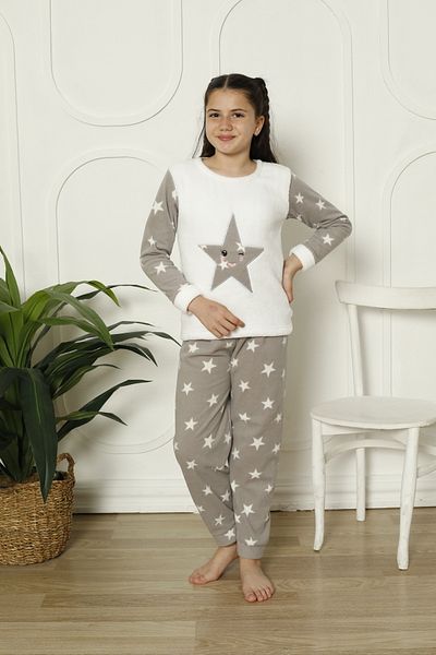 FAMESTEKSTİL Girl's White Plush Bottom Starred Yumoş Winter Warm Fabric Pajama Set
