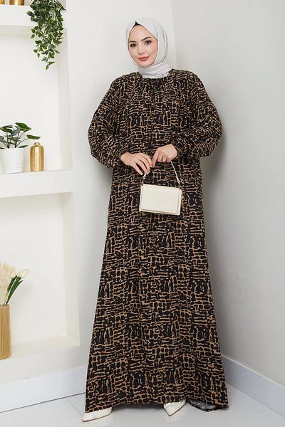 Moda MSK Rochie de mamă din viscoză cu guler pătrat marime mare maro