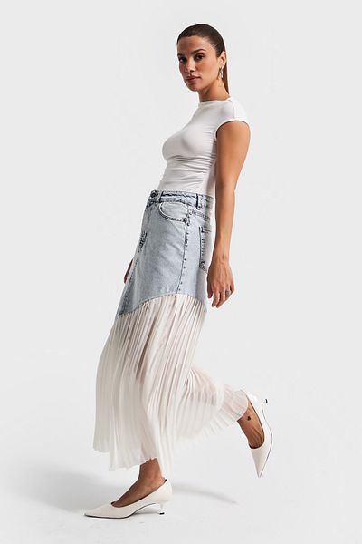 its basic Women's Denim Color 3S5-3 Denim Fabric Piece Pleated Maxi Size 100% Cotton Design Denim Skirt