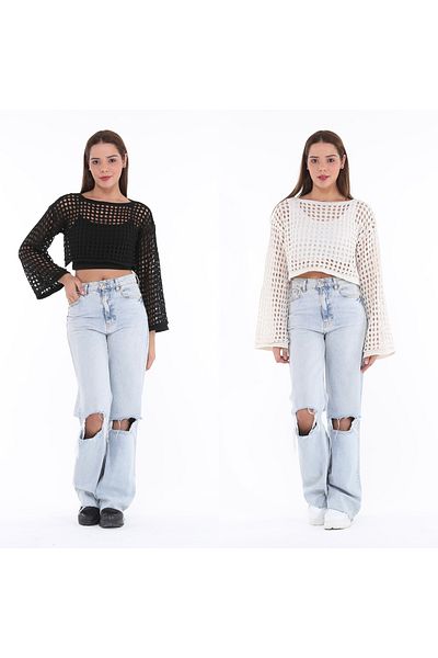 MA ananas Women's Double Black and White Openwork Crop Blouse