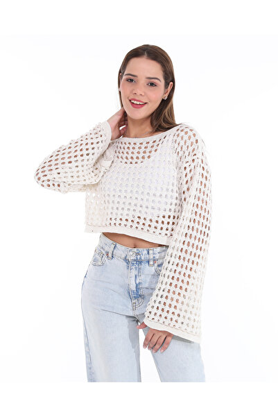 MA ananas Women's Double Black and White Openwork Crop Blouse