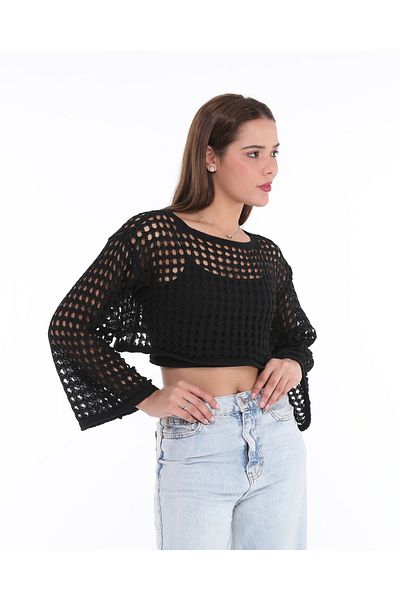 MA ananas Women's Double Black and White Openwork Crop Blouse