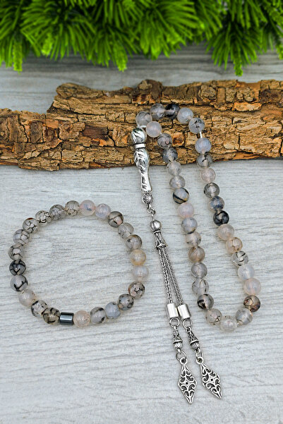 SİLVERA TELKARİ مجموعة مسبحة وسوار من العقيق الأبيض للرجال من الحجر الطبيعي B...