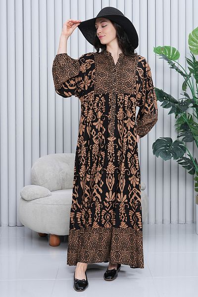 EL jadida Women's Katkat Patterned Plus Size Viscose Hijab Dress Brown