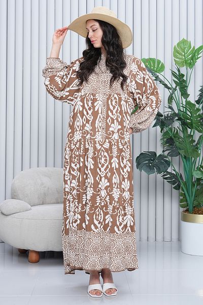 EL jadida Women's Katkat Patterned Plus Size Viscose Hijab Dress Beige
