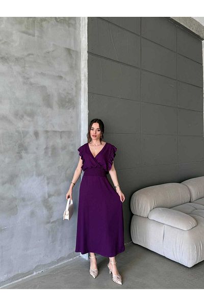 Gc.Butiq Women's Waist Gipeli Wrap Fabric V Neck Zero Sleeve Ruffled Long Dress