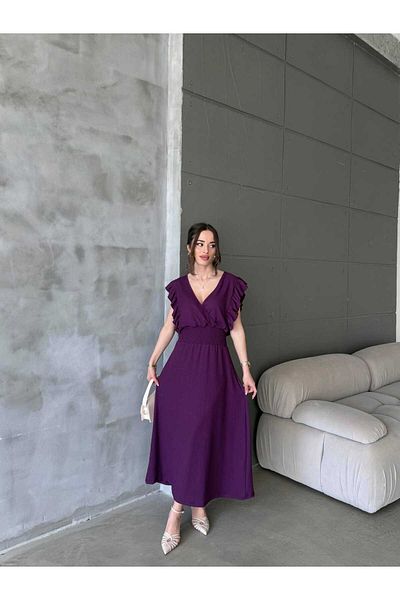 Gc.Butiq Women's Waist Gipeli Wrap Fabric V Neck Zero Sleeve Ruffled Long Dress